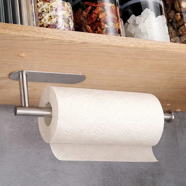 Selvklæbende køkkenrulleholder i rustfrit stål til underskab uden boring, pladsbesparende til køkken, sølv 33 cm Silver