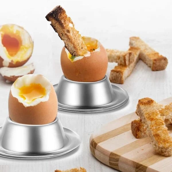 Eggkoppholder Sett med 2, Eggkopper i rustfritt stål Tallerkener Serviseholder for hardkokte og bløtkokte egg