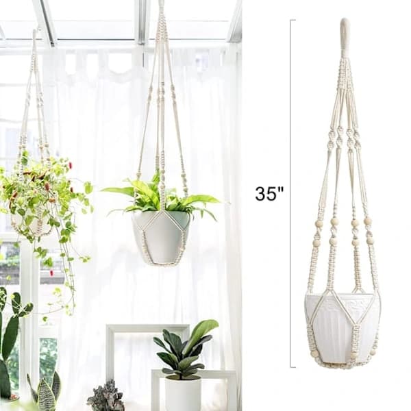 Makrame Växthängare Set Flätat Bomullsrep med Pärlor och Spets för Inomhus Utomhus Heminredning Vit 3-pack white 3PCS