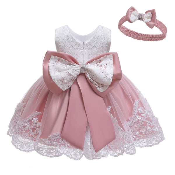 Baby Girl Spets Broderiklänning Rosett Festklänning Brudtärna Bröllopsklänning Med Tiara Light pink 90cm