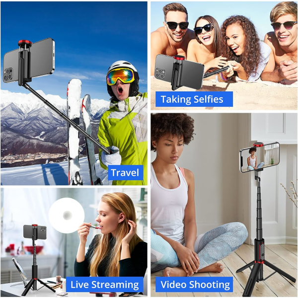 Selfie Stick Tripod 3-i-1 udtrækkelig aluminium Selfie Stick med trådløs Bluetooth-fjernbetjening til iPhone 14/13/12/11/XS Max/XR/8/7 Pink