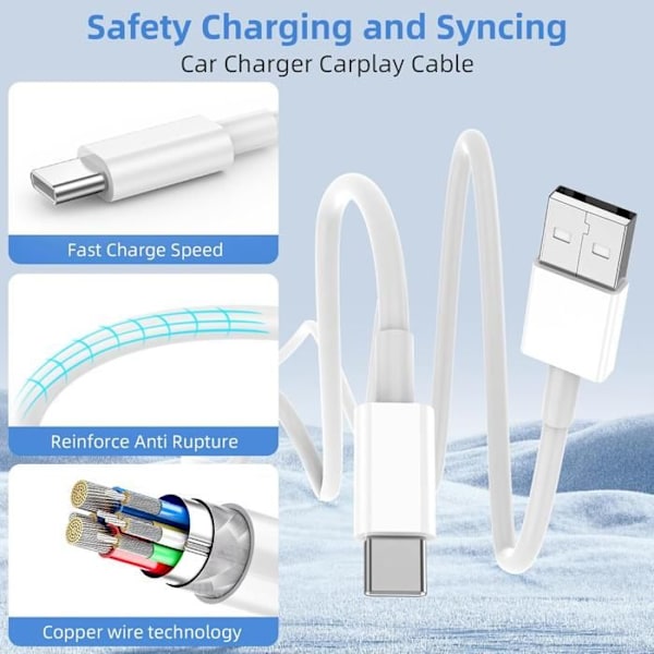 USB-C-kabel, USB-C-kabel för USB A, Data upp till 480 Mbit/s, Vit, för iPhone, Android, Längd 2m, Vit - TOPESCT