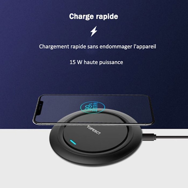 Trådlös Laddare, TOPESCT, Trådlös Laddare för Samsung/iPhone, Qi-certifierad 15W, för alla enheter kompatibla med trådlös laddning.