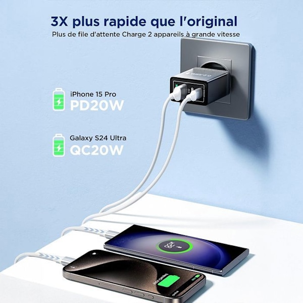 40W Snabb Laddare USB C, 4-Portars USB Multiladdare med PD QC3.0, USBC Väggadapter Kompatibel med iPhone - TOPESCT