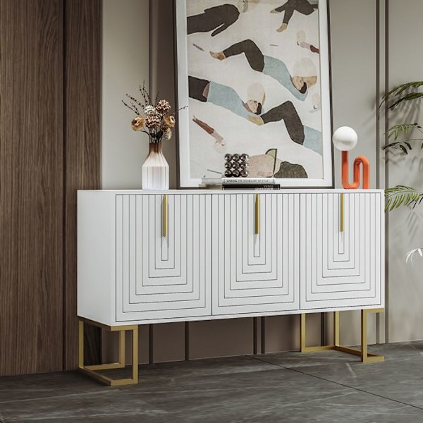 Modern Buffet med 3 Dörrar och Justerbara Hyllor, eleganta Texturerade Skåpdörrar för Förvaring Idealisk (Färg: Vit)