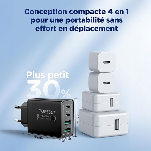 40W Snabb Laddare USB C, 4-Portars USB Multiladdare med PD QC3.0, USBC Väggadapter Kompatibel med iPhone - TOPESCT