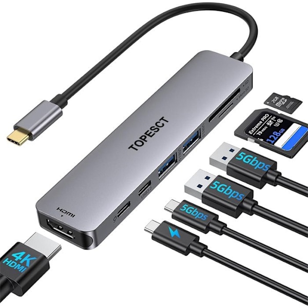 TOPESCT USB C-adapter, USB C HDMI 4K-hubb, PD 100W, USB C 3.0, 2*USB 3.0, SD/TF-kortläsare, USB C multiport-docka 7-i-1