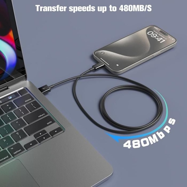 USB-C-kabel för iPhone 16 15 Snabb och Android - Laddkabel Typ USB-C Svart, 2 Meter - TOPESCT