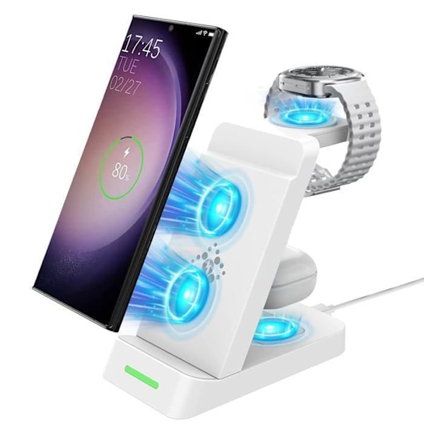 Trådlös laddare 3-i-1, TOPESCT, för telefon, smartklocka, hörlurar Vit