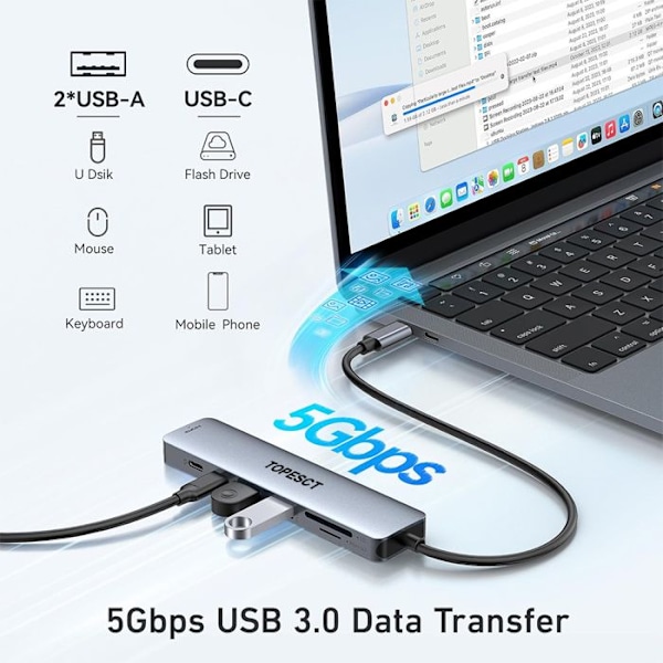 TOPESCT USB C-adapter, USB C HDMI 4K-hubb, PD 100W, USB C 3.0, 2*USB 3.0, SD/TF-kortläsare, USB C multiport-docka 7-i-1