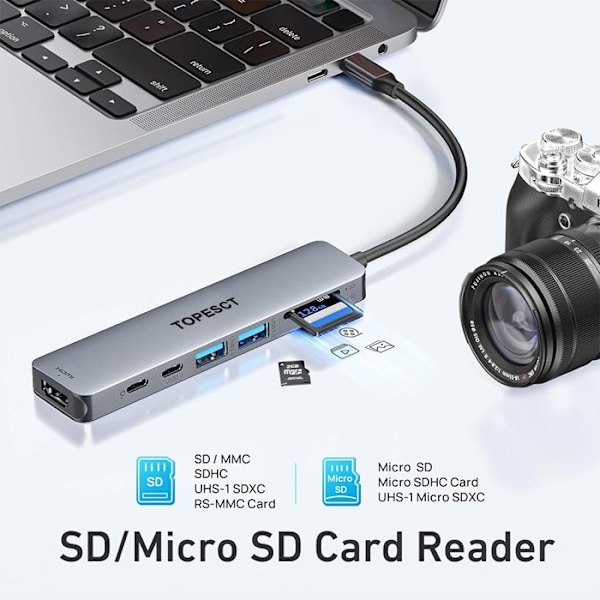 TOPESCT USB C-adapter, USB C HDMI 4K-hubb, PD 100W, USB C 3.0, 2*USB 3.0, SD/TF-kortläsare, USB C multiport-docka 7-i-1