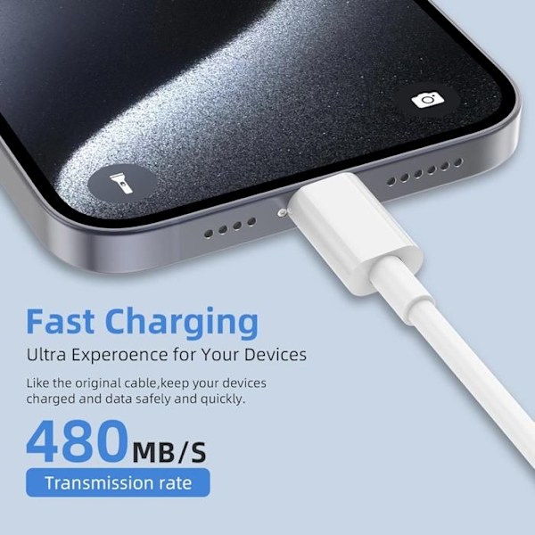 USB-C-kabel, USB-C-kabel för USB A, Data upp till 480 Mbit/s, Vit, för iPhone, Android, Längd 2m, Vit - TOPESCT