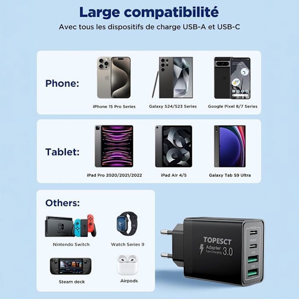 40W Snabb Laddare USB C, 4-Portars USB Multiladdare med PD QC3.0, USBC Väggadapter Kompatibel med iPhone - TOPESCT