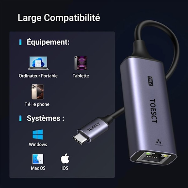 USB C till RJ45 Ethernet 2.5 Gigabit Nätverk LAN Kompatibel med iPhone, MacBook, iPad Surface Go Galaxy S24 Ultra - TOPESCT