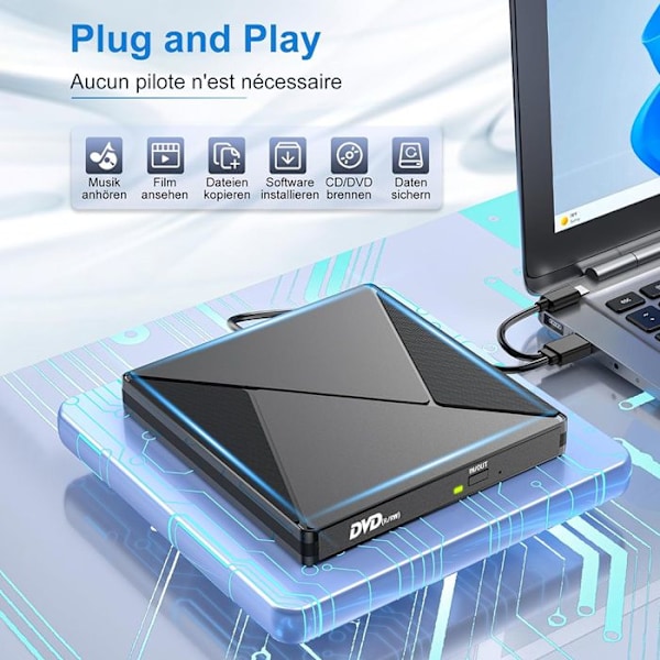 Externt CD/DVD-läsare för PC, USB 3.0 och USB-C DVD-brännare Extern CD/DVD -/+RW-enhet, för Windows/MacOS/laptop - TOPESCT