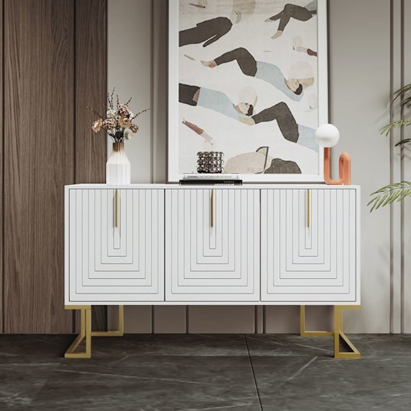 Modern Buffet med 3 Dörrar och Justerbara Hyllor, eleganta Texturerade Skåpdörrar för Förvaring Idealisk (Färg: Vit)