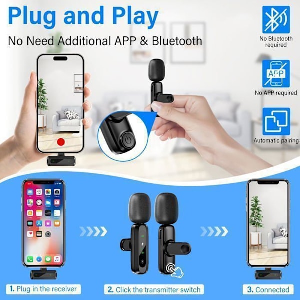 Microfon trådlös, TOPESCT för iPhone/Android-telefon/ Laptop, USB C för videoinspelning, Vlogging, TikTok