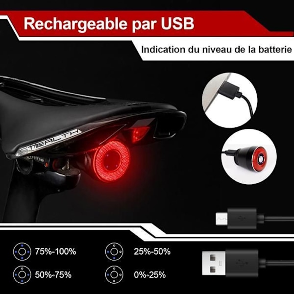 Baklykta cykel, Baklykta USB uppladdningsbar vattentålig IPX6, 3 LED-lägen, Automatisk baklampa, Universell cykelmontering - TOPESECT svart