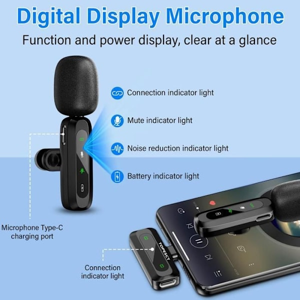 Microfon trådlös, TOPESCT för iPhone/Android-telefon/ Laptop, USB C för videoinspelning, Vlogging, TikTok