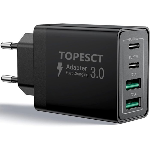 40W Snabb Laddare USB C, 4-Portars USB Multiladdare med PD QC3.0, USBC Väggadapter Kompatibel med iPhone - TOPESCT
