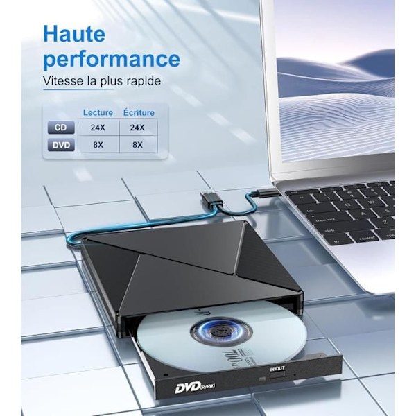 Externt CD/DVD-läsare för PC, USB 3.0 och USB-C DVD-brännare Extern CD/DVD -/+RW-enhet, för Windows/MacOS/laptop - TOPESCT