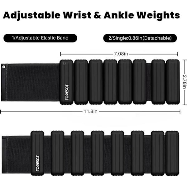 Set med 2 justerbara vikter för handled och fotled (1,0 pund (454g)/styck), Bärbar armband för yoga, dans, barre, pilates, cardio svart
