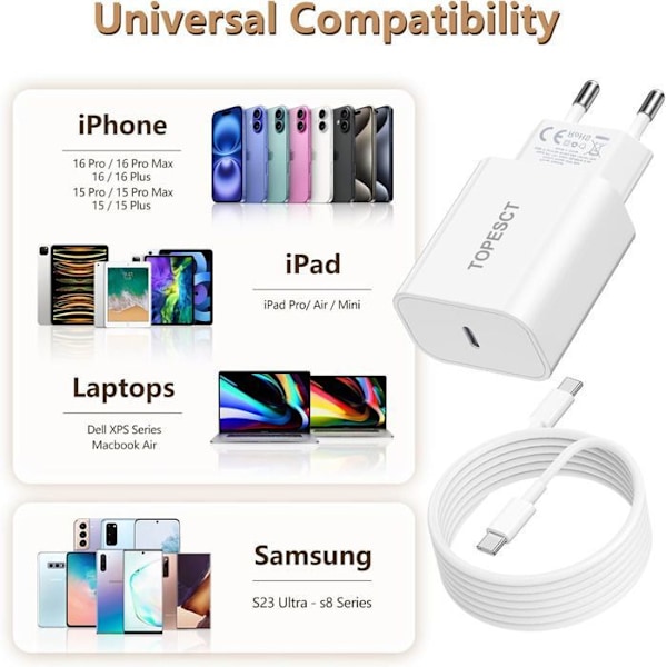 TOPESCT 20W iPhone 16 15 Snabbladdare med 1M USB C-kabel, USBC Väggadapter, kompatibel med Galaxy, Huawei, Android-telefoner