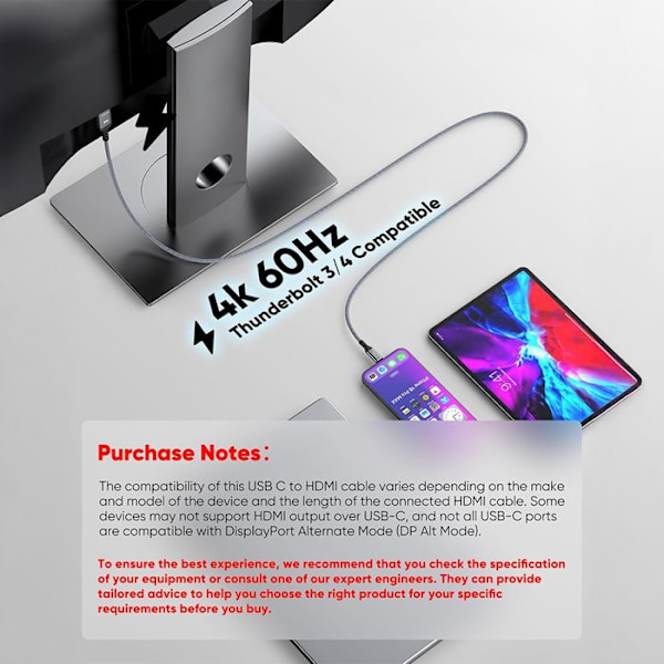 USB C till HDMI-kabel 2M, UHD Thunderbolt 3/4 till HDMI kompatibel för iPhone 15/16 Pro, MacBook Pro/Air, Galaxy, Surface etc - TOPESCT