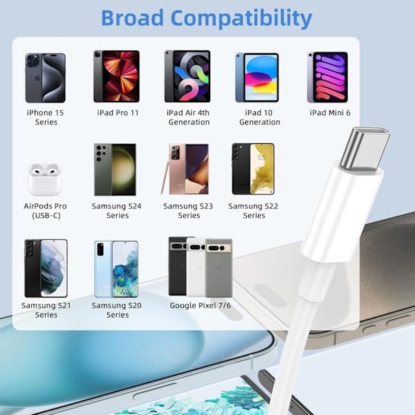 USB-C-kabel, USB-C-kabel för USB A, Data upp till 480 Mbit/s, Vit, för iPhone, Android, Längd 2m, Vit - TOPESCT