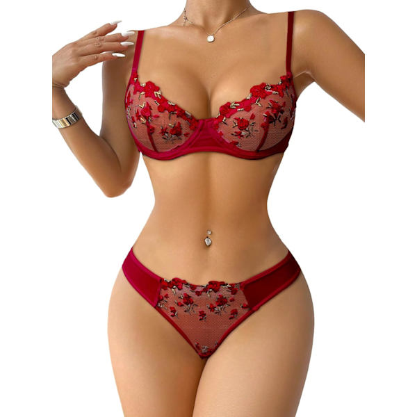 osy Kvinnor Sexig Strappy Push Up Strumpeband Lingerie Set Blommig Spets Sheer 3 Delar Blomma Bourgogne Liten