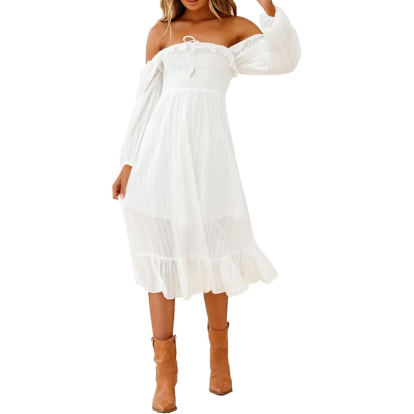ivimos Dam Linen Höst Långärmad Randig Volang Boho Casual A-Linje Flytande Midiklänningar Vit Liten