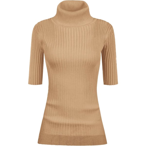 Dam Turtleneck 1/2 Halv Ärm Hög Stretch Ribbstickad Åtsittande Tröja Khaki Liten