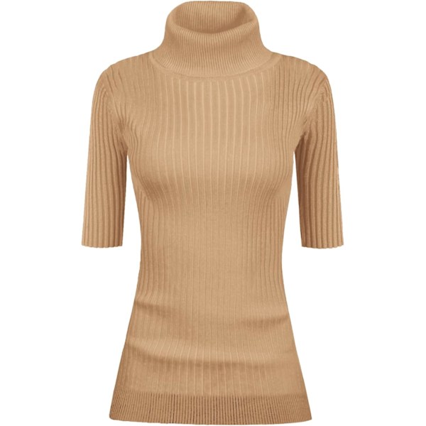 Dam Turtleneck 1/2 Halv Ärm Hög Stretch Ribbstickad Åtsittande Tröja Khaki X-Large