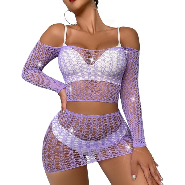 QMYL Dam Fishnet Bodystockings Spets Lingerie Strap Bodysuit V-hals Babydoll B/Tz47-lila X-Small-XX-Large