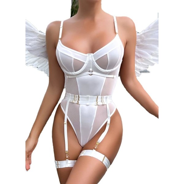 EEY Damunderkläder Set med Strumpeband 3 Delar Teddy Snap Gren Bodysuit Exotiska Underkläder Set Vit Medium