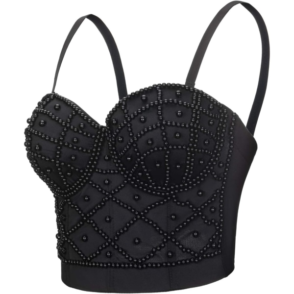 nyi Dam Strass Pärlor Bustier Korsett Crop Top Club Fest Bh Svart Medium