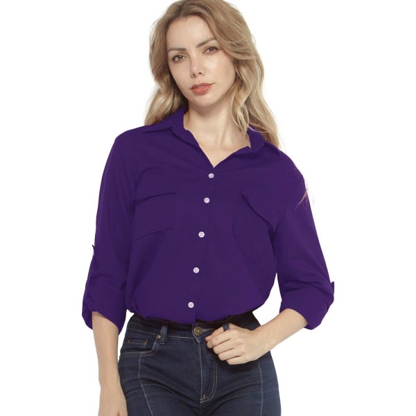 ch Långärmade skjortor i linne med knappar för kvinnor med fickor #2046 Mörklila Stor