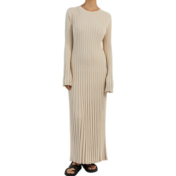 SIOR Kvinnor Långärmad Ruched Plisserad Ribbstickad Maxiklänning Lång Klänning Rund Halsringning Bodycon Volang Trim Y2K Tröjklänning Apricot Stor