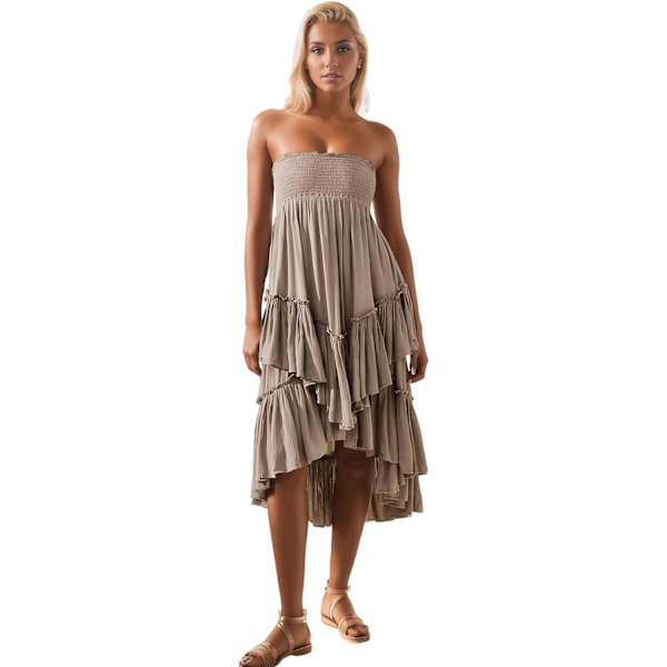 ivimos Långa kjolar för kvinnor sommar Boho smockad axelbandslös klänning elastisk hög midja skiktad volangfåll strand midikjol Khaki Liten