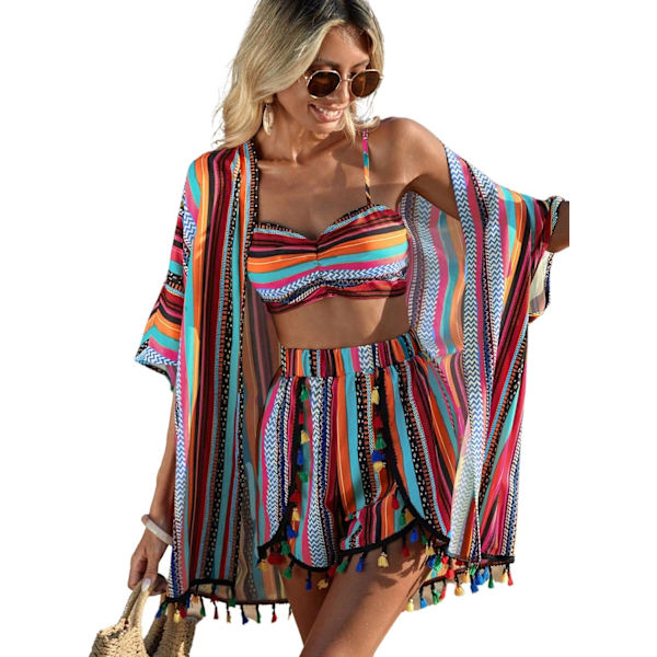 dusa Dam 3-delat set med kortärmad öppen kimono och boho cami-topp och tofsprydda tropiska shorts i blått, storlek L