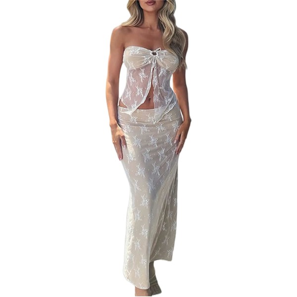 mengxuan Kvinnor Utgående Maxikjolar Set Låg Skuren Spets Trim Cami Top Crop Top Hög Midja Bodycon Maxikjol 2Pcs Outfits Vit-m Liten