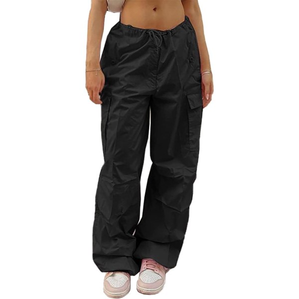 cy Fallskärmsbyxor för kvinnor Dragsko Baggy Cargo Pants Y2K Byxa Låghöjd Jogger Träningsbyxor Lös Hip Hop A Black X-Small