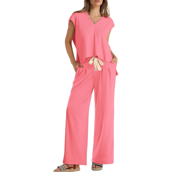 EFAN Loungeset för kvinnor Tvådelade outfits Huvtröja Toppar och byxor med vida ben Träningsoverall Sweatsuit 10-rosa X-Large