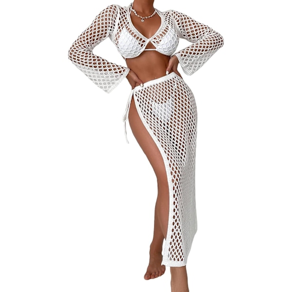 dusa Damkläder ihålig virkad crop top och knytsida kjol strand bikini cover up set vit X-Large