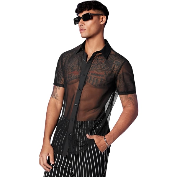 dusa Sheer Mesh Button Up Skjorta för män Se Through Kortärmad Topp Svart Medium
