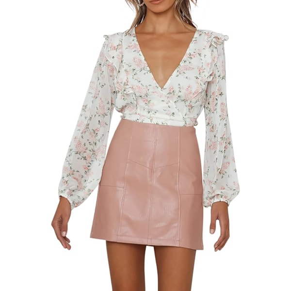 ivimos Dam Chiffon Långärmad Blommig Tryck Volang Boho V-hals Wrap Crop Blusar Toppar Vit Stor