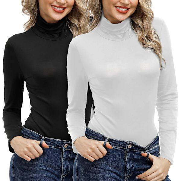 2-pack långärmad svart mock turtleneck pullover stretch slim lager topp för kvinnor