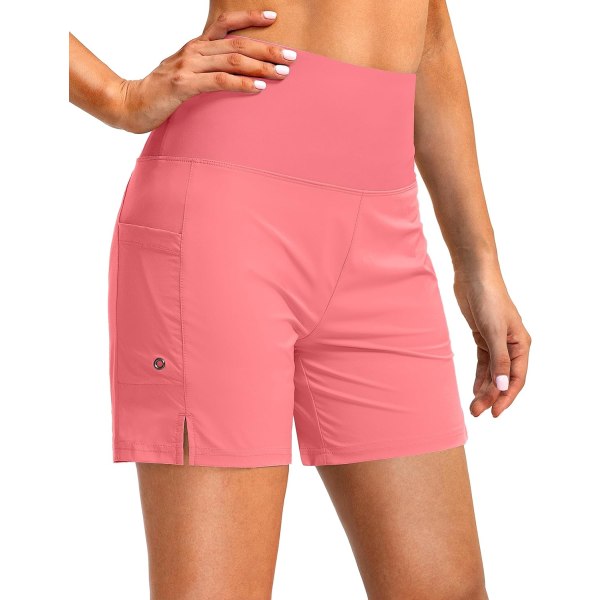 dubbla damshorts 5-tums badbräda med hög midja med telefonfickor UPF 50+ Quick Dry strandshorts för kvinnor med liner Hyper Pink Small