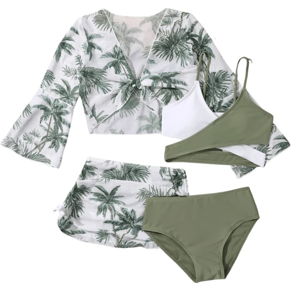 dusa Flicka 4-delad baddräkt Crisscross Bikini Set med tropiskt tryck Cover Up Grön Vit 12 år