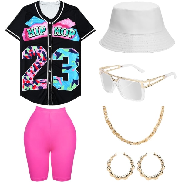 DPARTY 80-tal 90-tals outfit för kvinnor, unisex hiphopdräkt basebolltröja Yogabyxor Rapper Accessoarer Svart skjorta Pin Large